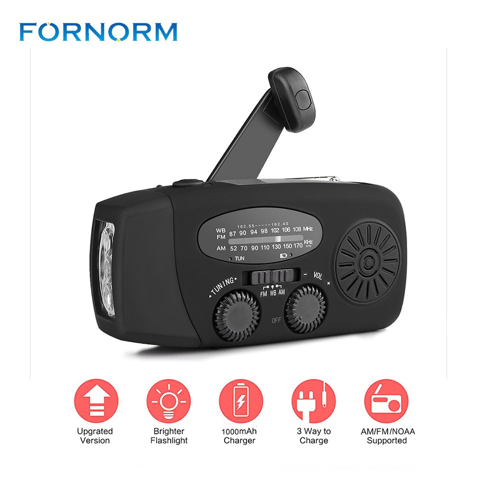 Portable Solar Radio FM Hand Crank Self Powered Phone Charger 3 LED Flashlight AM/FM/WB Radio Waterproof Emergency Survival