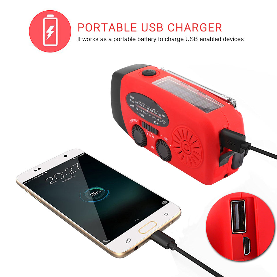 Portable Solar Radio FM Hand Crank Self Powered Phone Charger 3 LED Flashlight AM/FM/WB Radio Waterproof Emergency Survival