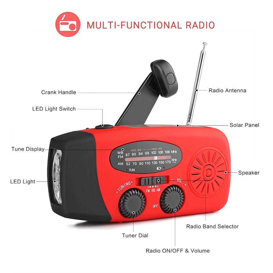 Portable Solar Radio FM Hand Crank Self Powered Phone Charger 3 LED Flashlight AM/FM/WB Radio Waterproof Emergency Survival